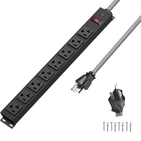 HEZI front view metal power strip showing eight outlets and durable casing for reliable power