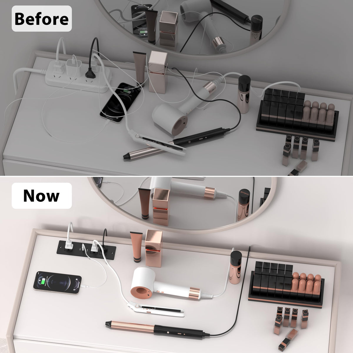 HEZI installed in drawer providing hidden charging and decluttered surface