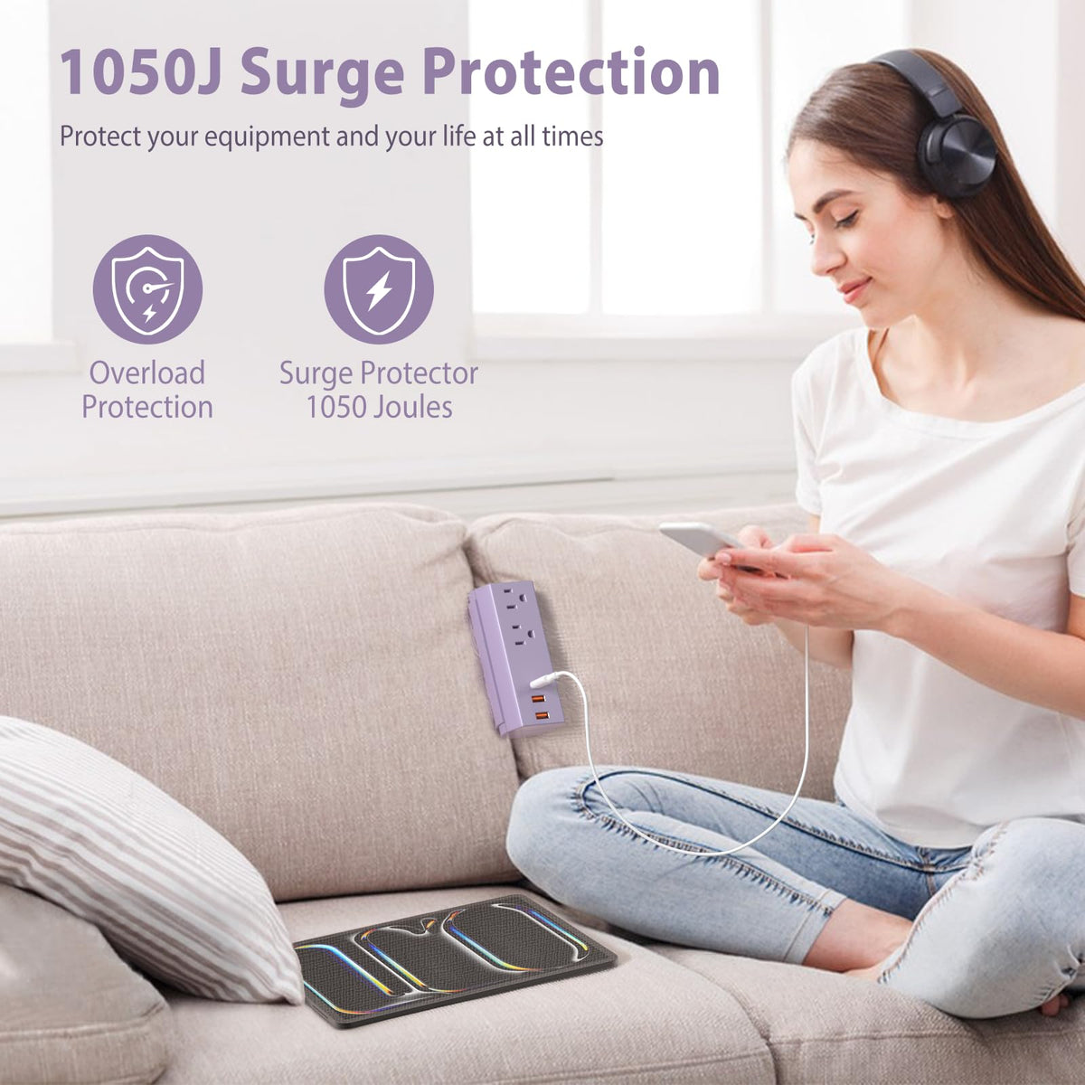 HEZI PD20W USB-C fast charging port on purple couch outlet.