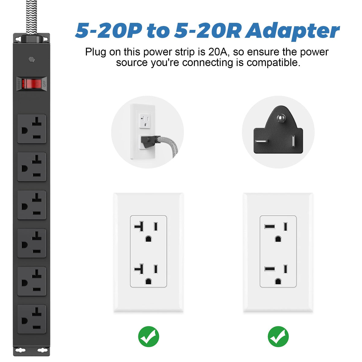 HEZI power strip wide-spaced outlets for large plugs and better cord organization