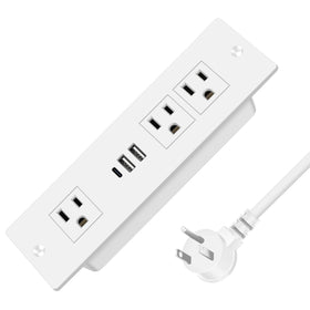 HEZI recessed drawer outlet integrated into a desk for tidy cables.