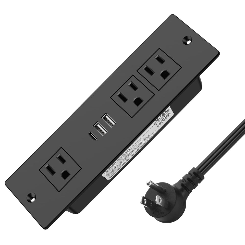 HEZI recessed power strip front view with USB ports for easy desk charging