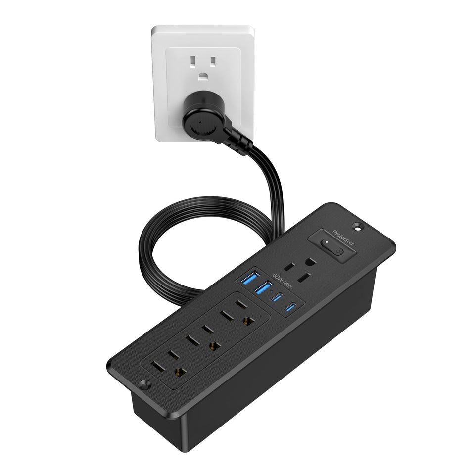 HEZI recessed power strip front view showing ports and tidy setup benefit