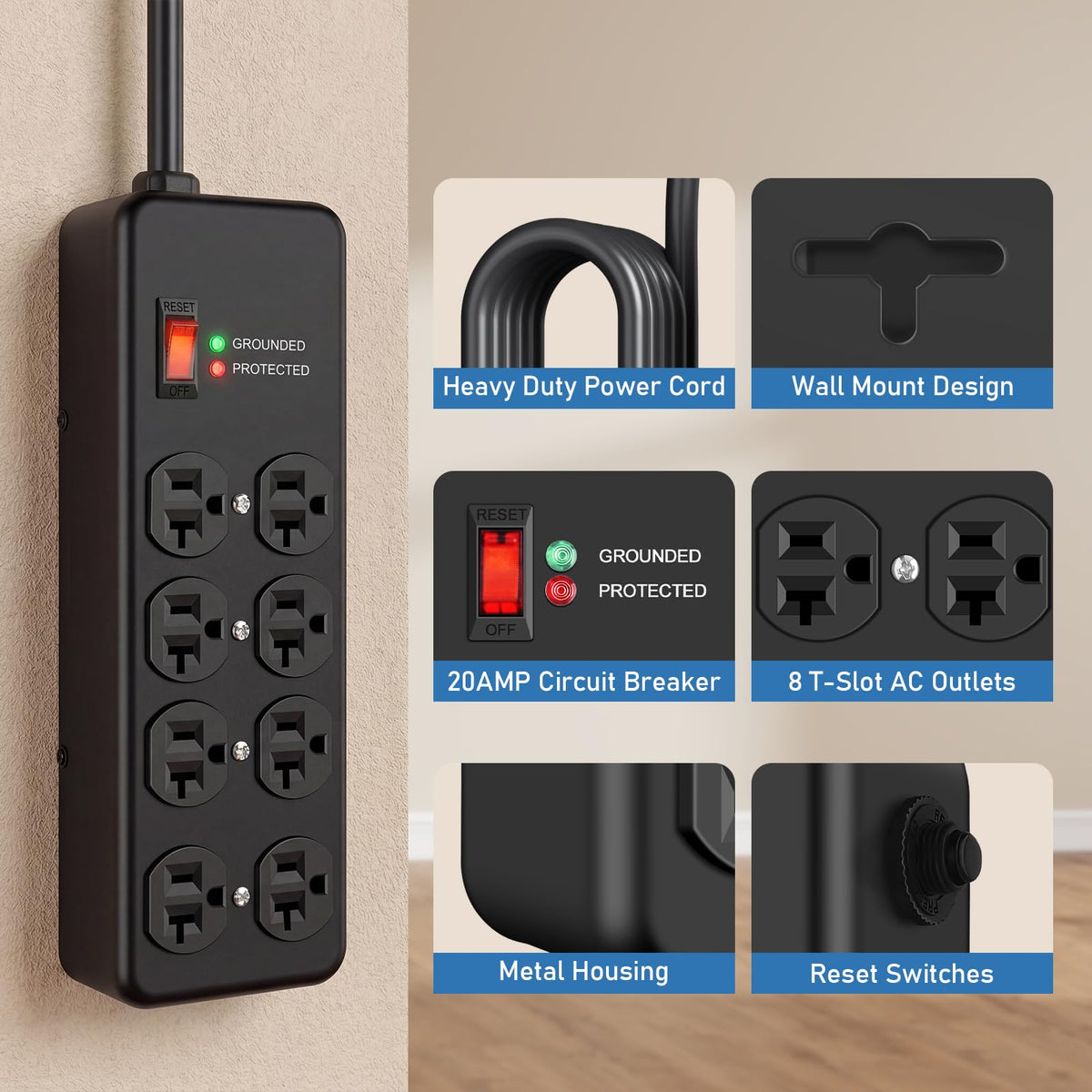 HEZI close-up of 10ft 12AWG cord and 5-15P plug illustrating heavy-duty reach and safety