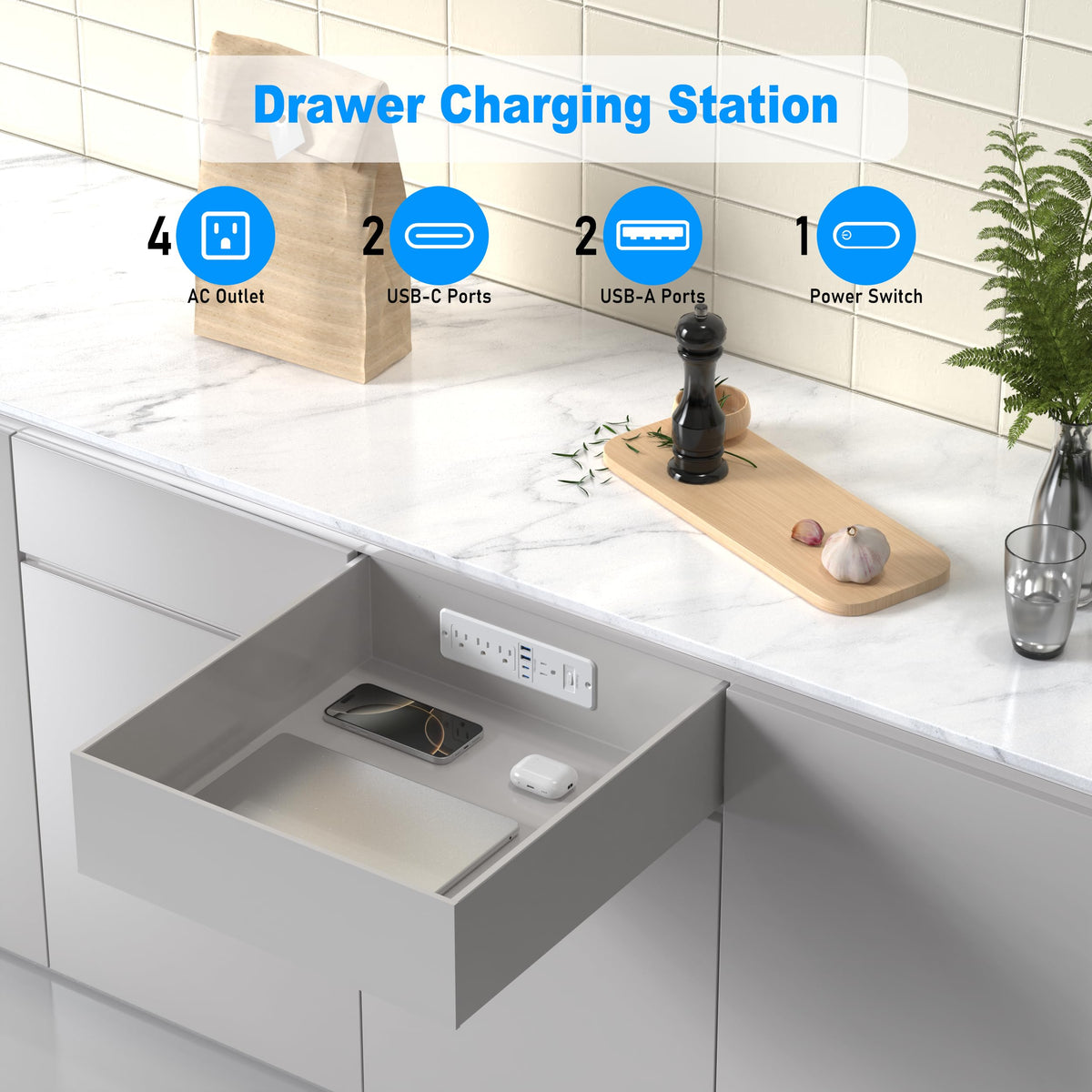 HEZI side profile installed in a drawer demonstrating hidden tidy charging