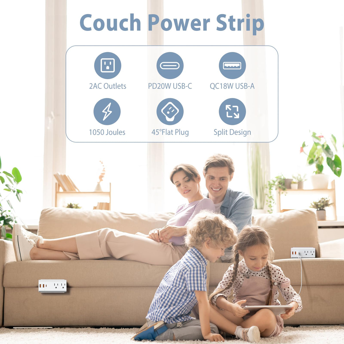 HEZI sofa outlet with 2 AC outlets and 3 USB ports powers devices during leisure.