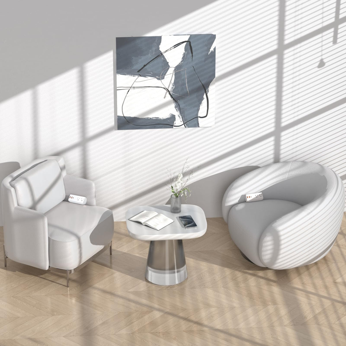 White 6ft HEZI extension cord blends with furniture for a clean setup.