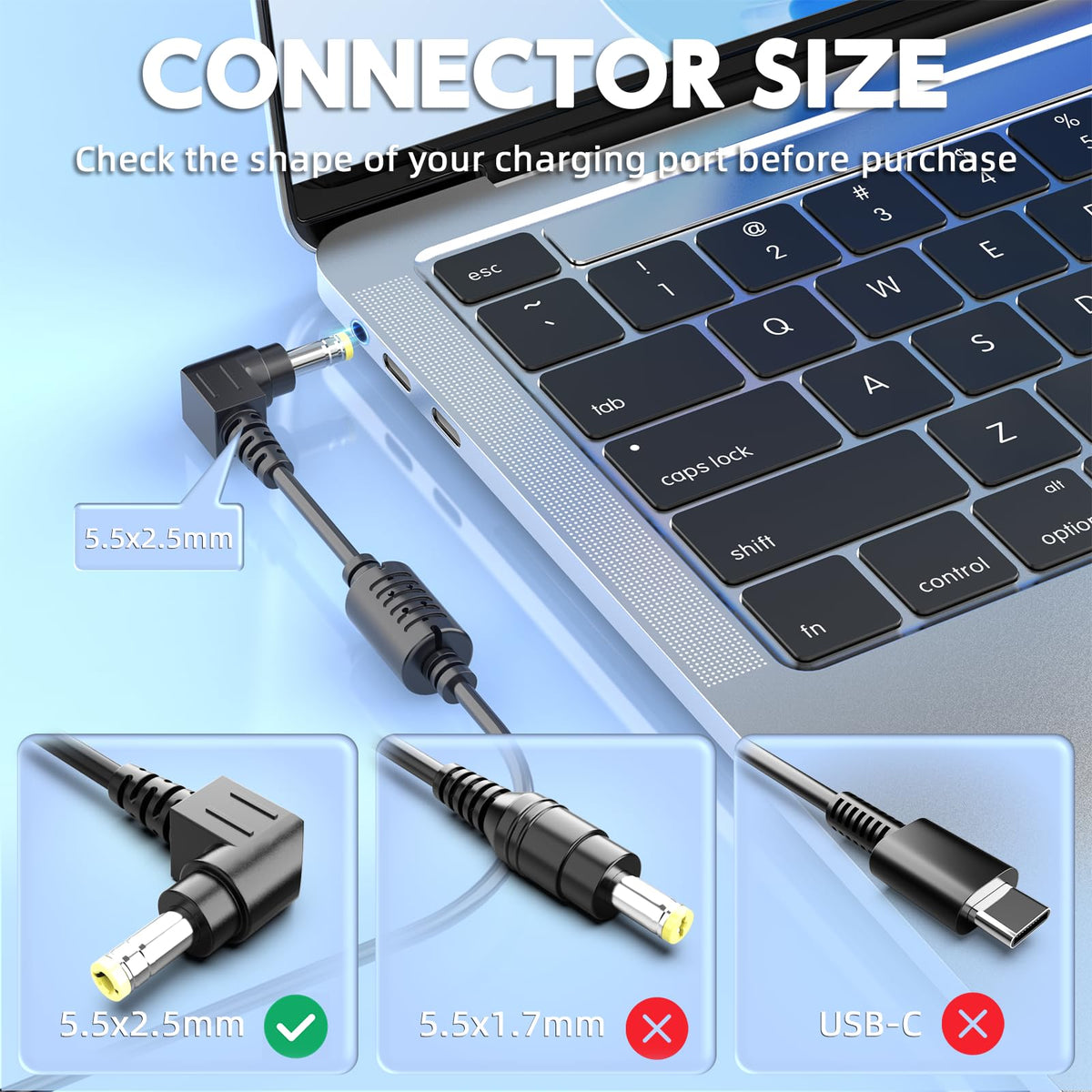 HFLRZZ 5.5x2.5mm center-pin closeup demonstrating correct laptop fit