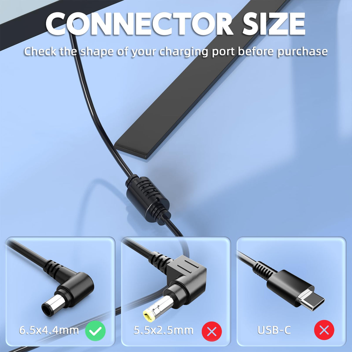 HFLRZZ closeup of 6.5x4.4mm DC plug ensuring correct fit and stable connection