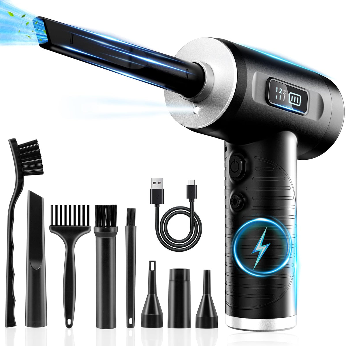 HFTEK compressed-air duster with LED light for precise dusting in dark corners.