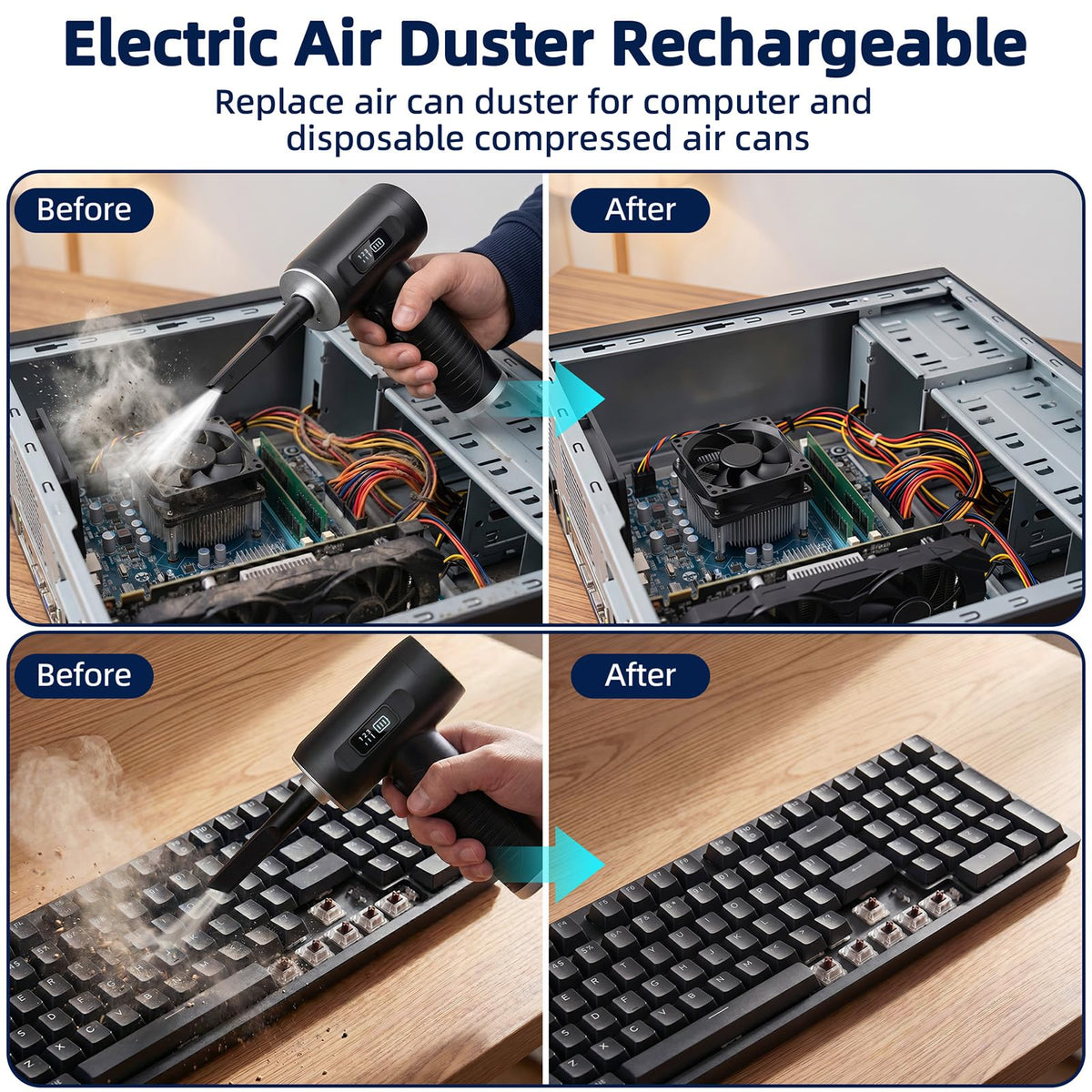 HFTEK cordless air blower with 3 gear settings for customizable airflow.