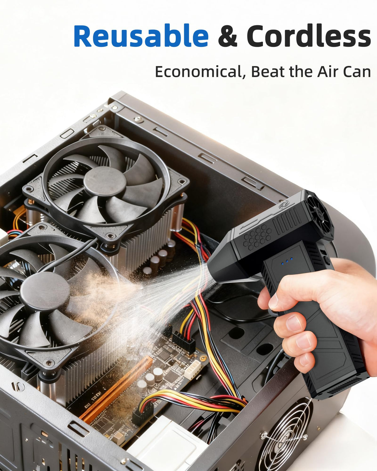 HFTEK electric air duster side view highlighting portable design