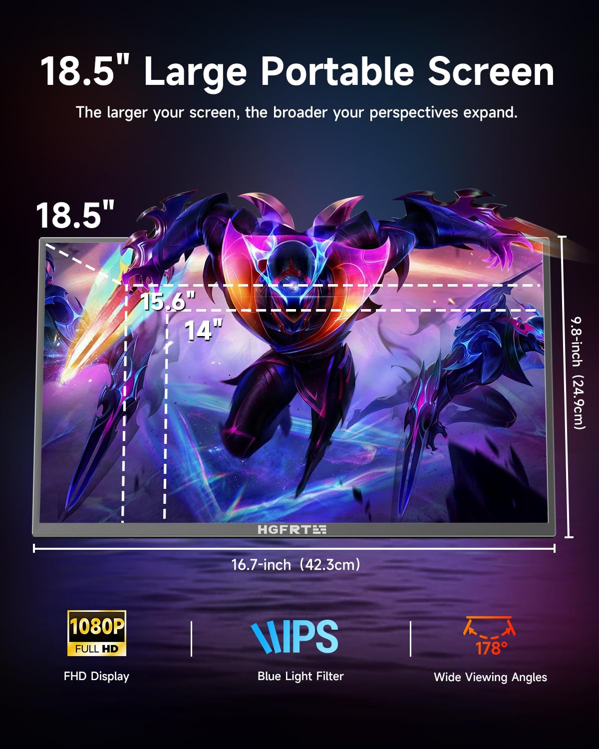 HGFRTEE 18.5-inch monitor angled view demonstrating wide IPS color range.