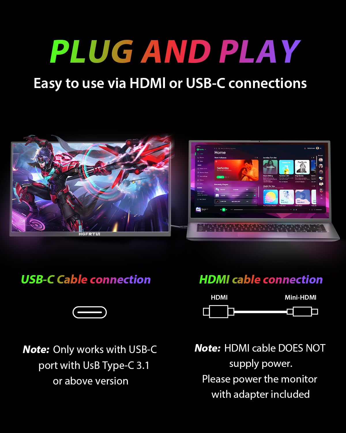 HGFRTEE monitor with USB-C and HDMI ports for flexible, easy connectivity.