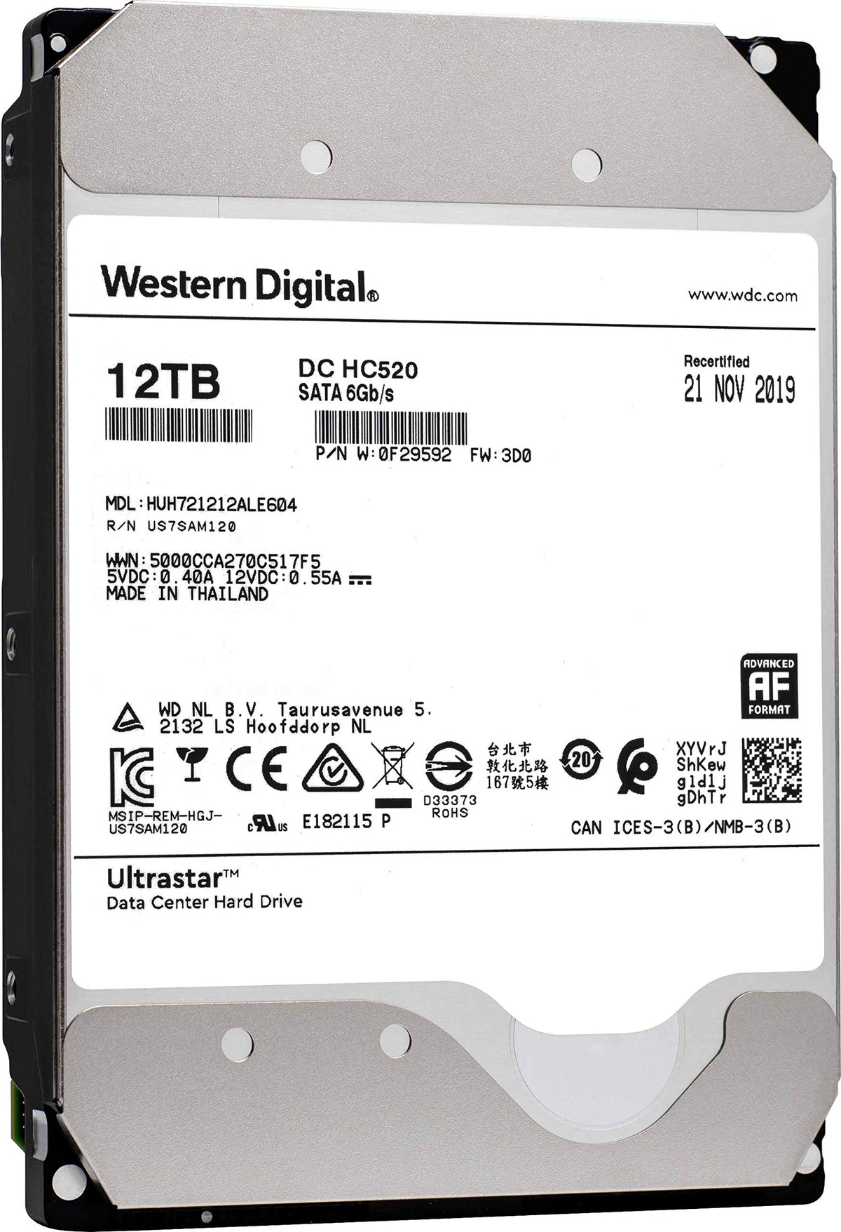 HGST Ultrastar 12TB DC HC520 front view for high-capacity data storage