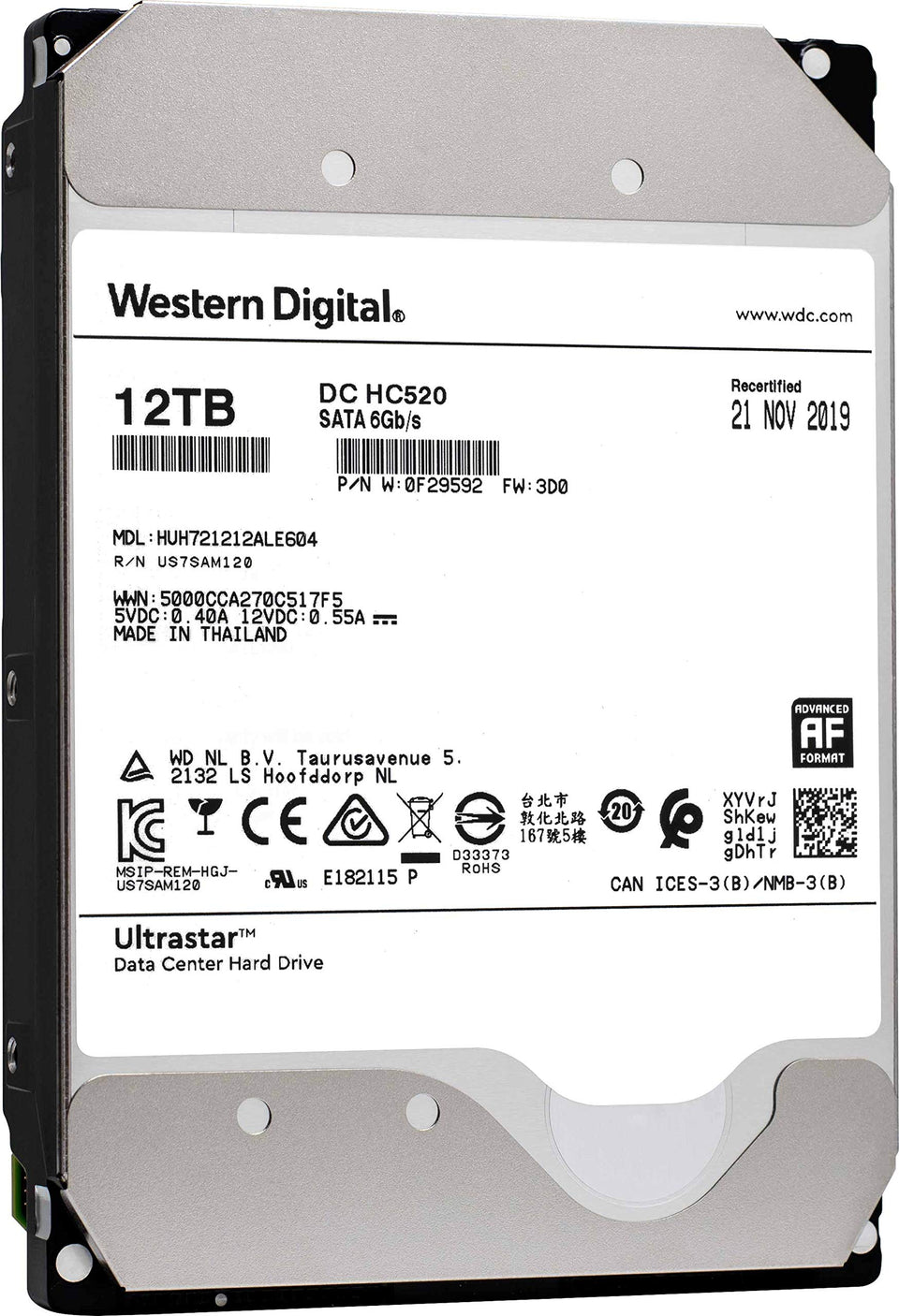 HGST Ultrastar 12TB DC HC520 front view for high-capacity data storage