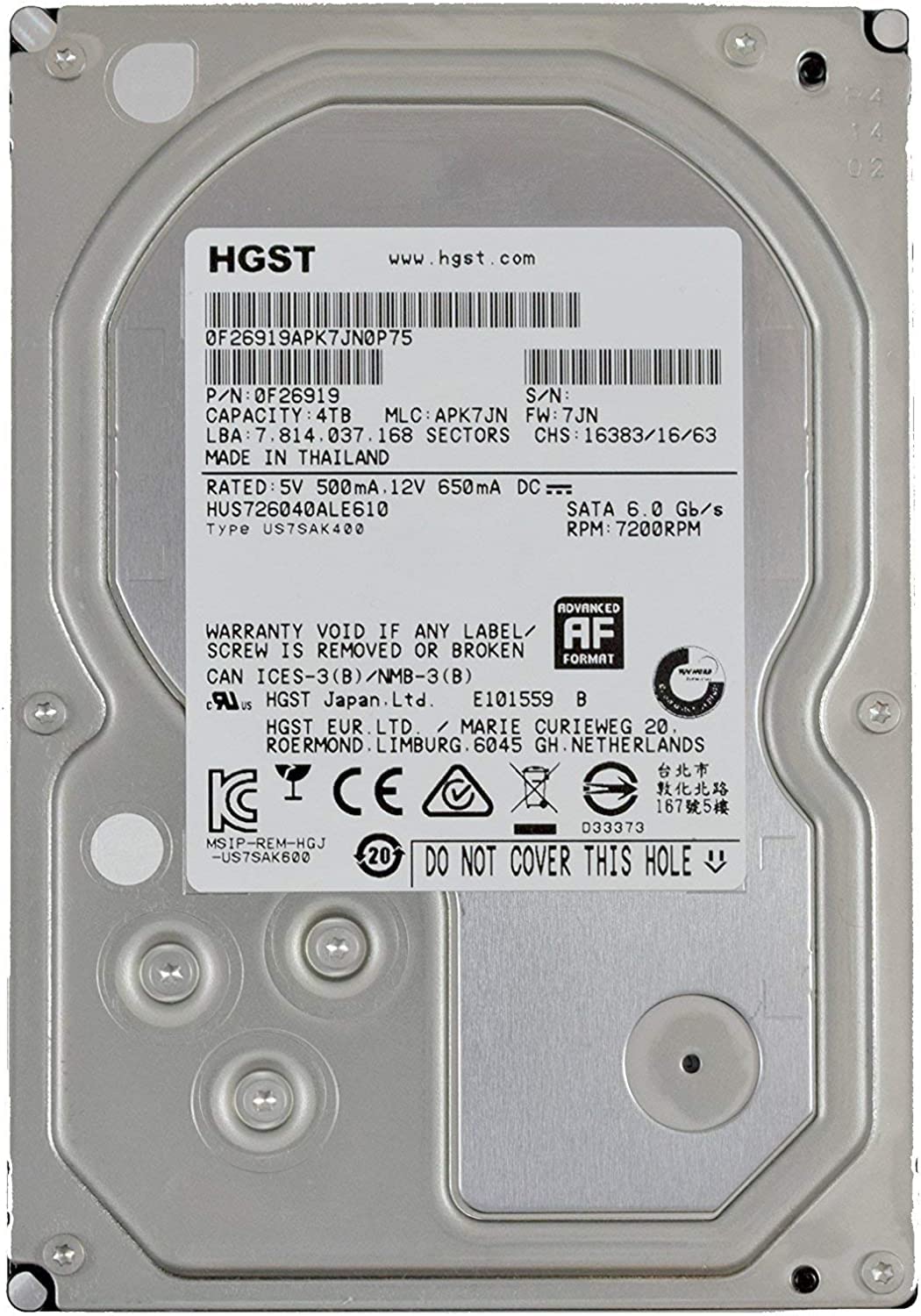 HGST Ultrastar 7K6000 4TB drive label visible, highlights 128MB cache and 7200 RPM performance