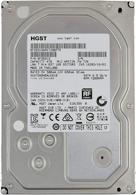 HGST Ultrastar 7K6000 4TB drive label visible, highlights 128MB cache and 7200 RPM performance
