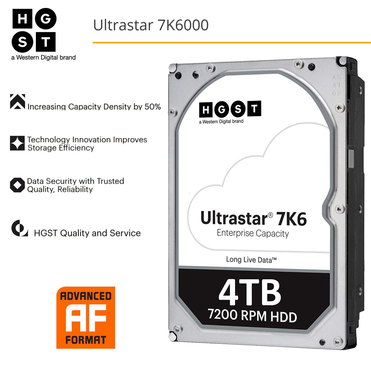HGST Ultrastar 7K6000 label close-up showing performance and reliability features for data centers.