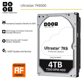 HGST Ultrastar 7K6000 label close-up showing performance and reliability features for data centers.