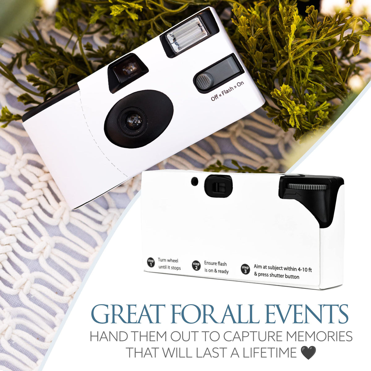 H&H disposable camera with flash, wedding-ready, ensures bright photos in any lighting.