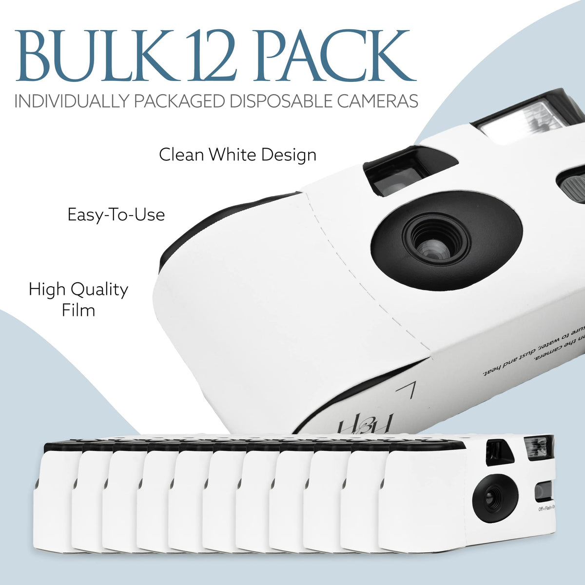 H&H Photo Supply white disposable camera, side view of pack, perfect for easy guest distribution.