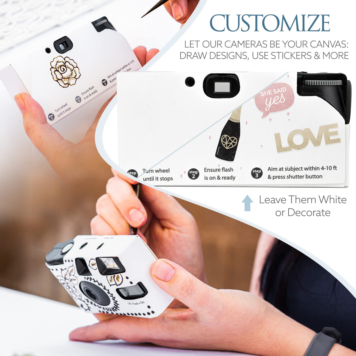 H&H white disposable camera, USA-made film, dependable development for lasting memories.