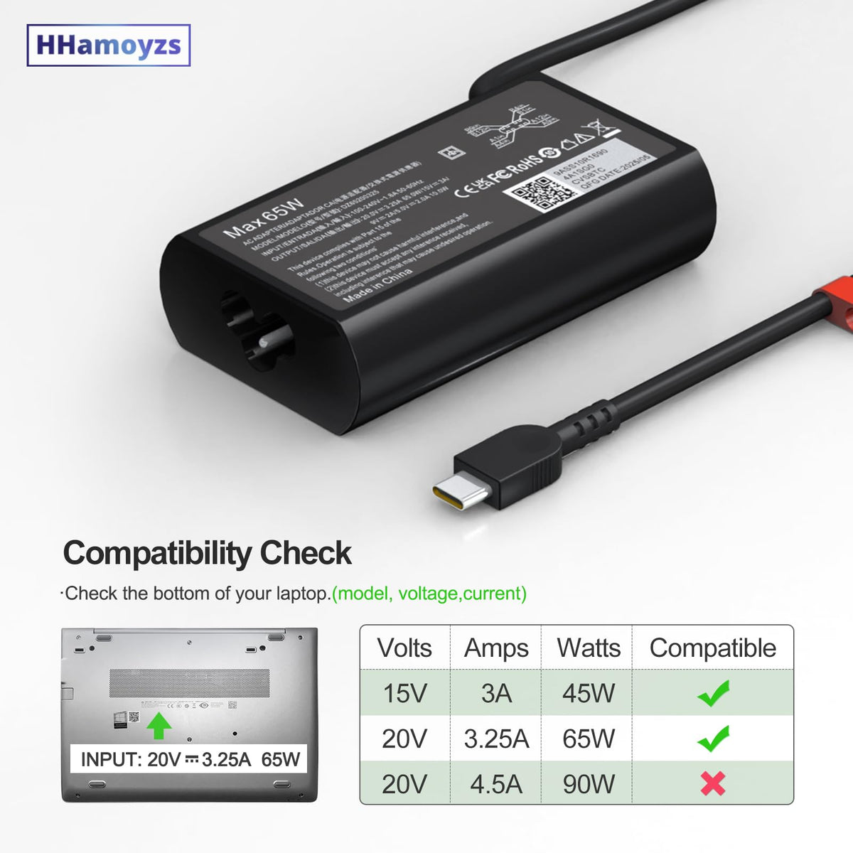 HHamoyzs Chromebook-compatible USB-C charger for quick charging on the go.