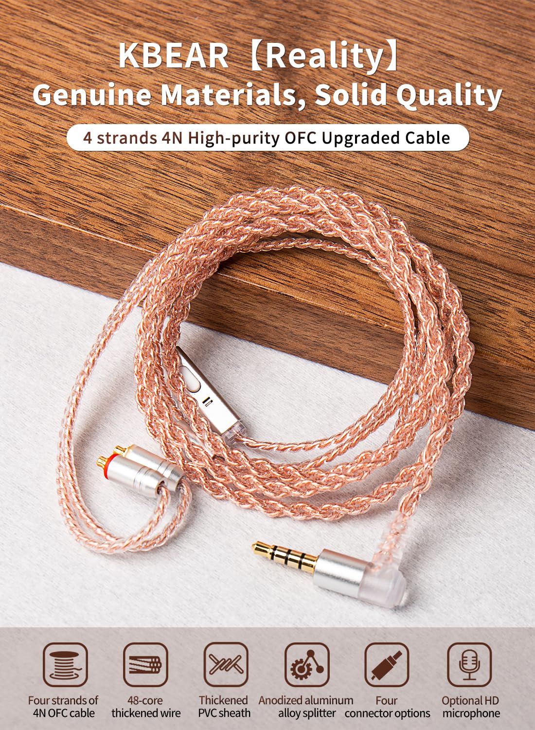 HHIFIHEAR KBEAR 4-Core Pure Copper Cable with Mic, 3.5mm plug for quick setup