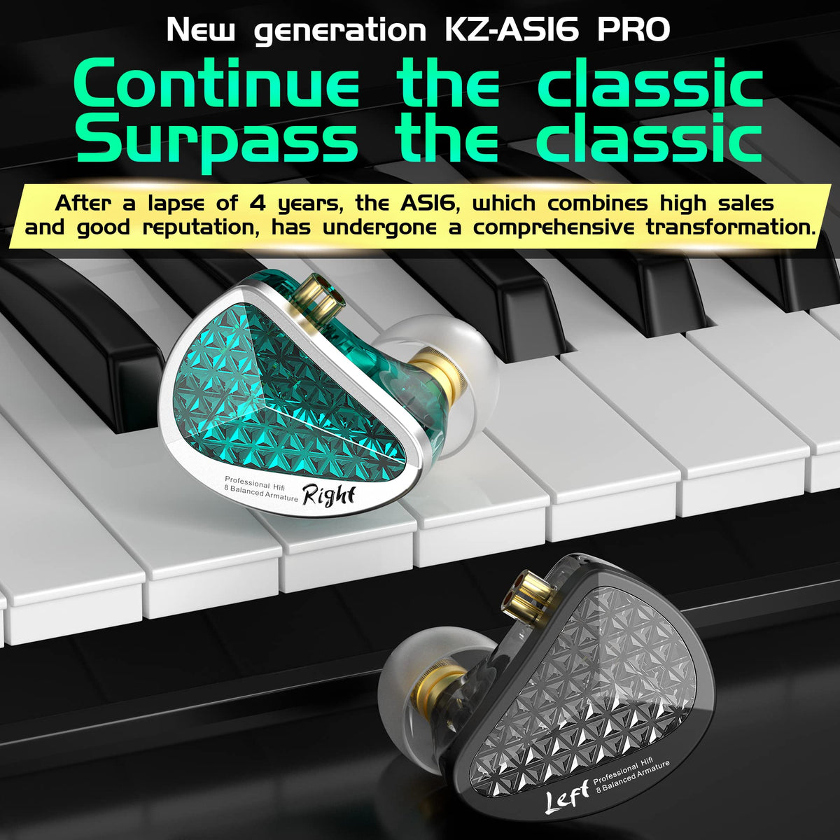 HHIFIHEAR KZ AS16 PRO cyan side profile shows detachable cable for flexible setups
