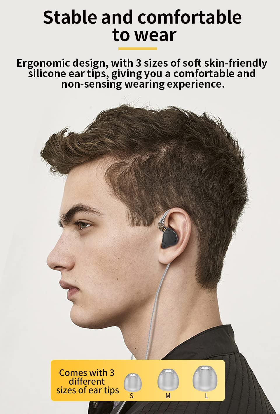 H HIFIHEAR earphones worn in-ear showing ergonomic comfort benefit