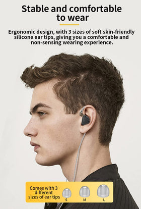 H HIFIHEAR earphones worn in-ear showing ergonomic comfort benefit
