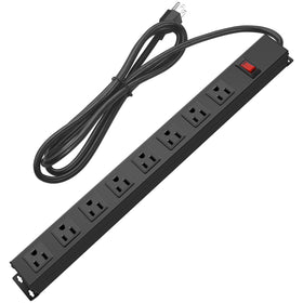 HHSOET metal 8-outlet strip front view shows wide spacing for bulky plugs