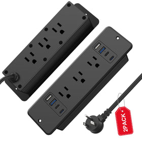 HHSOET 2Pack recessed power strip front view shows six outlets and four USB ports for organized charging.