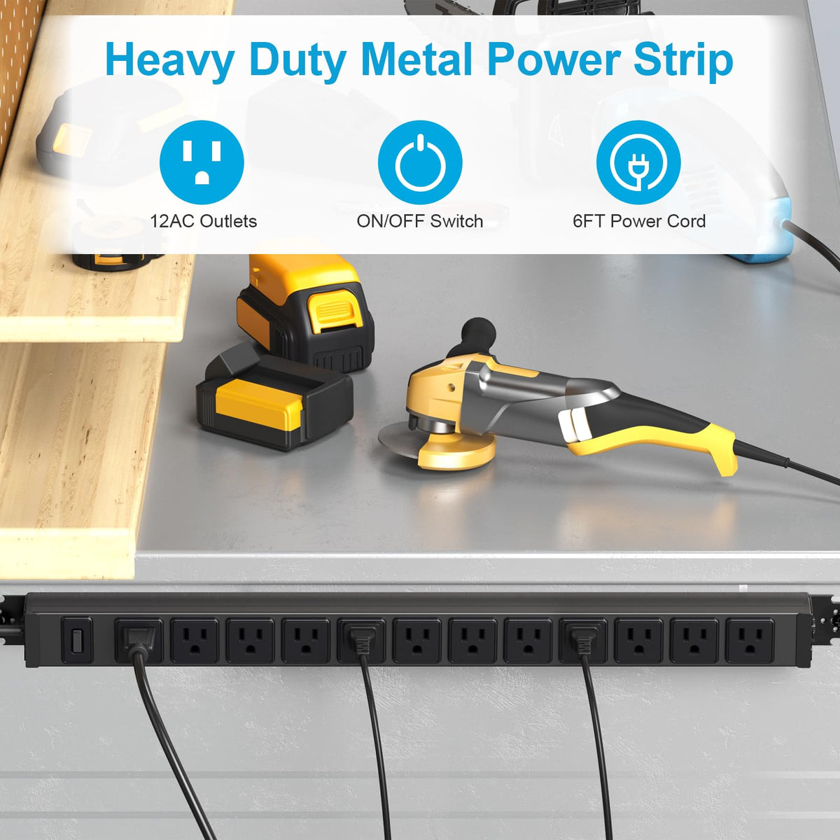 HHSOET 360° rotating 12-outlet strip close-up shows build quality and wide spacing.