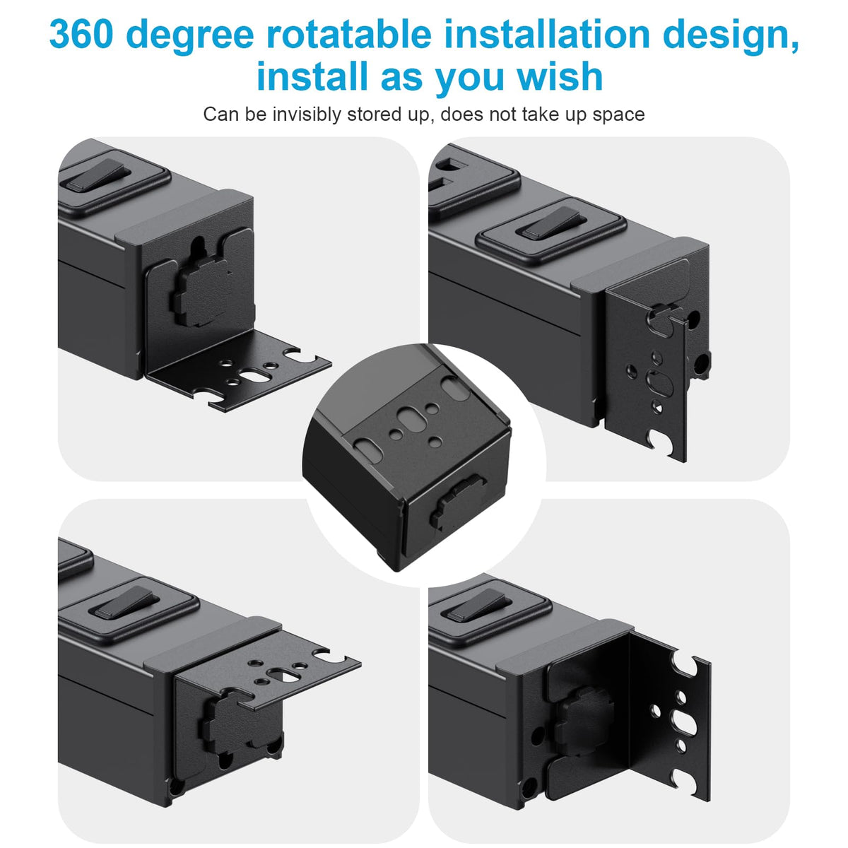 HHSOET 360° rotating power strip front view with 12 outlets arranged for larger plugs.