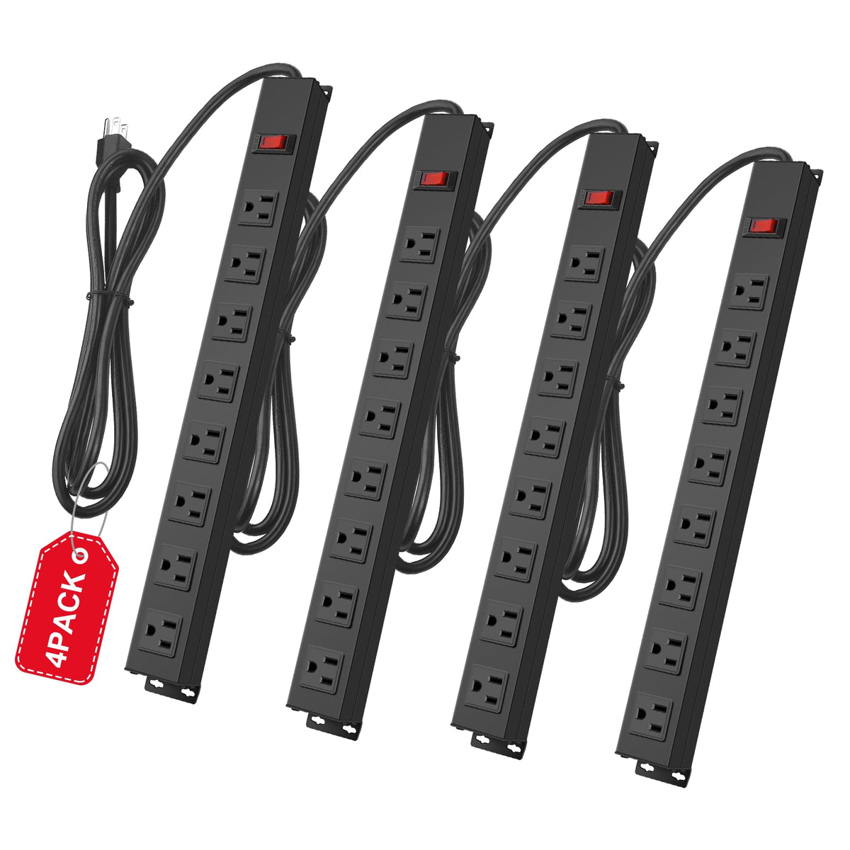 HHSOET 4-pack metal 8-outlet power strip with wall-mount holes for secure setup