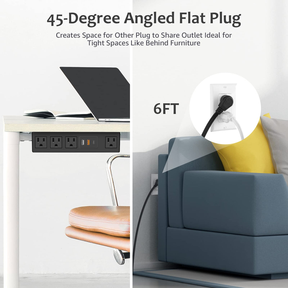 HHSOET 6‑foot cord and plug next to ruler illustrating placement flexibility benefit