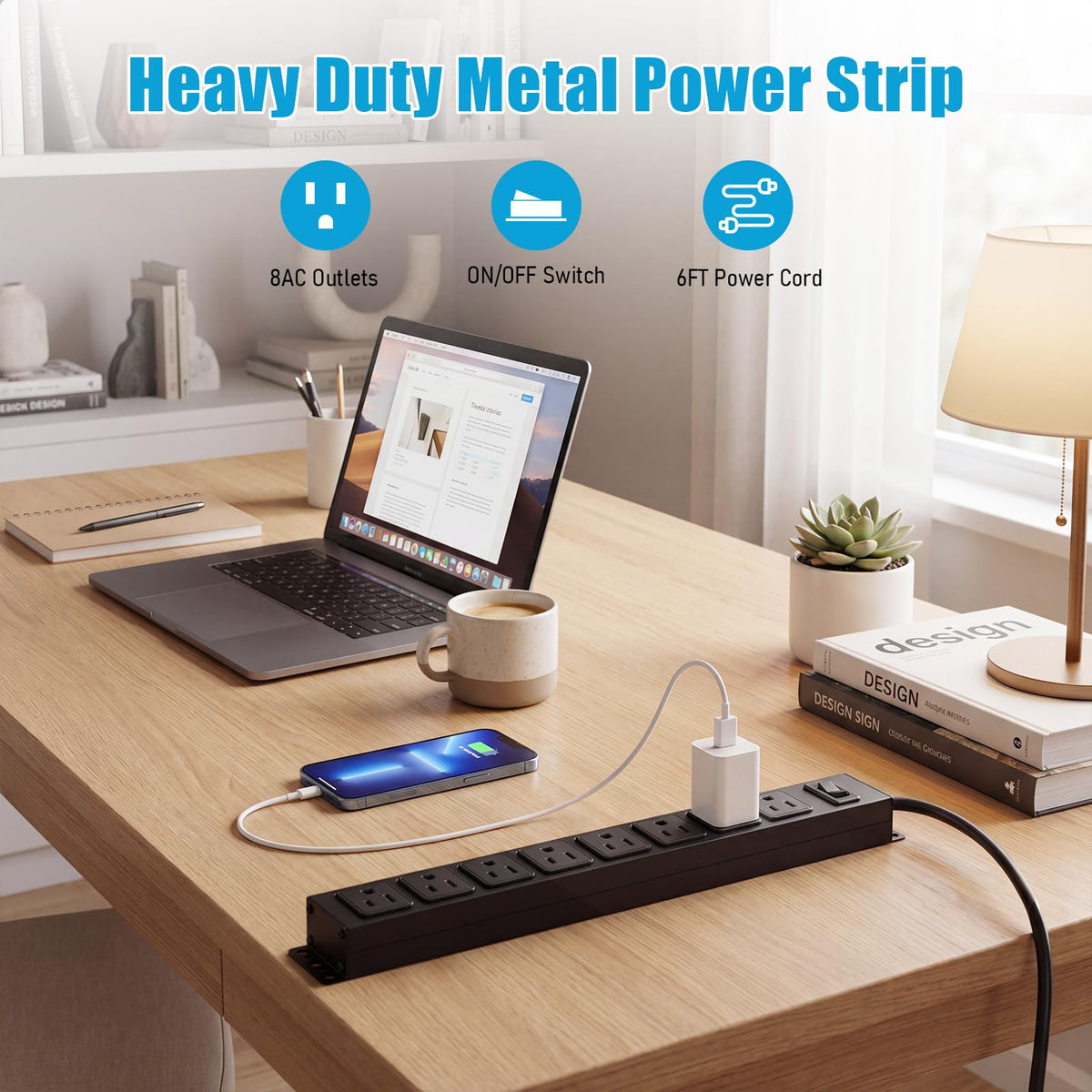 HHSOET eight-outlet surge protector close-up emphasizes surge protection and rugged metal shell.