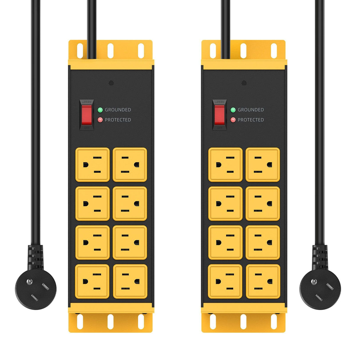 HHSOET front view of two metal 8-outlet strips showing rugged design and capacity