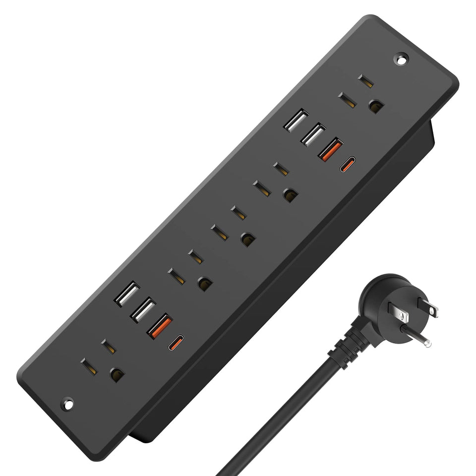 HHSOET front panel recessed outlet showing AC sockets and USB ports for neat charging