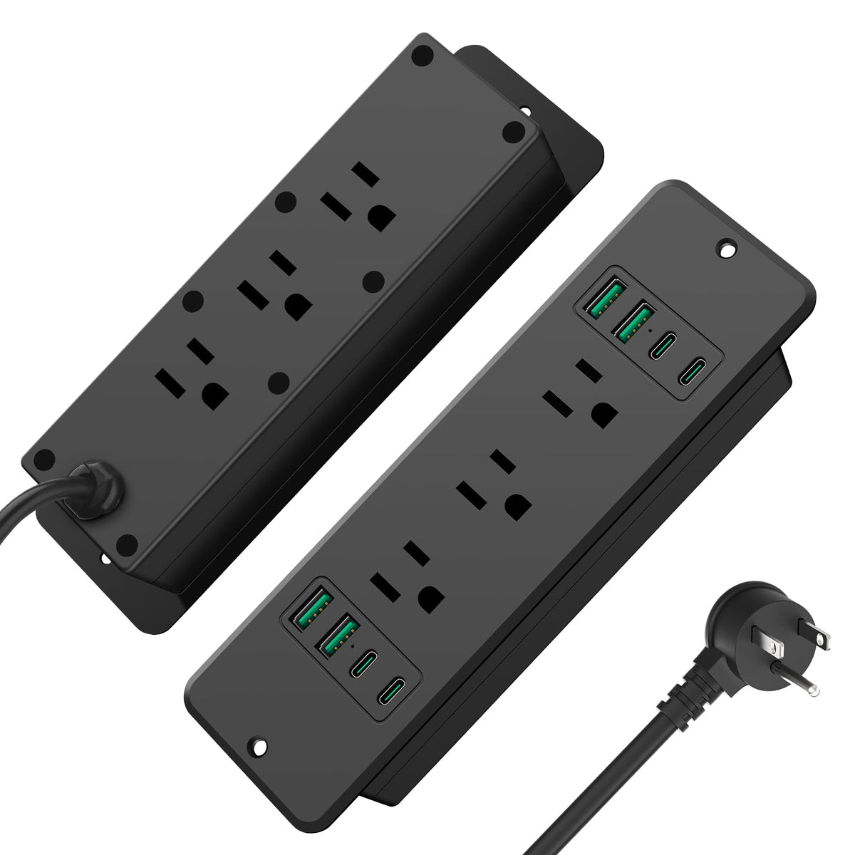 HHSOET front view of recessed power strip showing all outlets and clean flush look