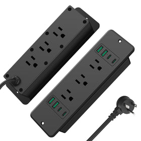 HHSOET front view of recessed power strip showing all outlets and clean flush look