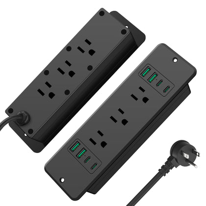 HHSOET front view of recessed power strip showing all outlets and clean flush look