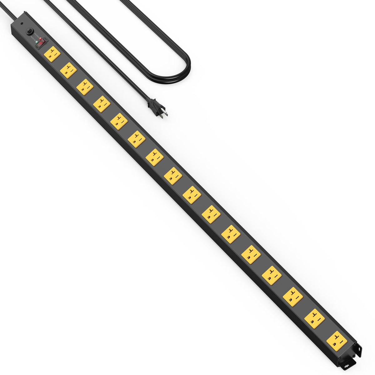 HHSOET front view metal power strip showing 16 outlets and on/off switch for organized power