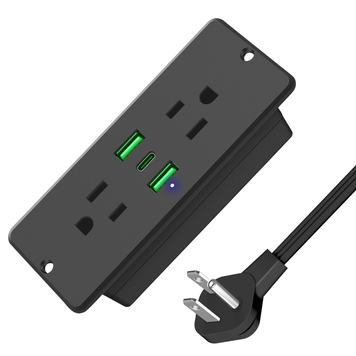 HHSOET recessed power strip front view showing ports and rim, tidy charging