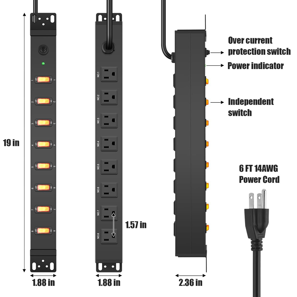 HHSOET swivelling-mounting-tabs enable flexible placement in racks, cabinets, or workbenches.