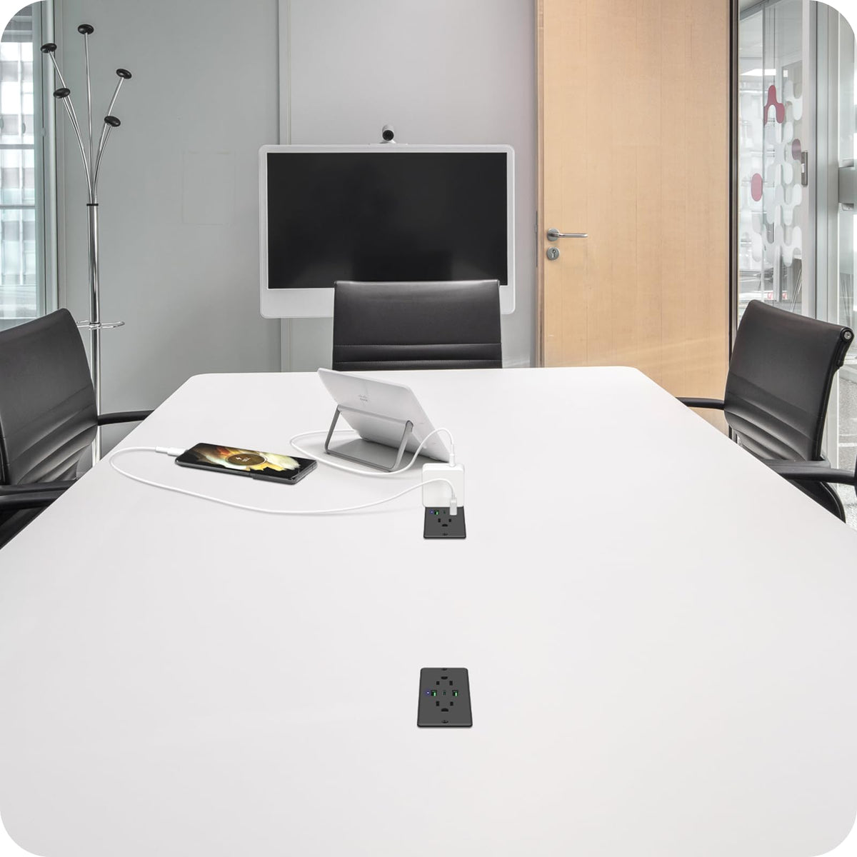 HHSOET installed under desk in office setting, hides wires and declutters