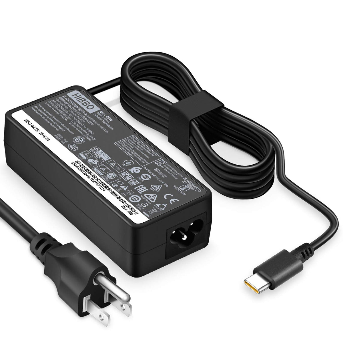 HIBBO Lenovo USB-C 65W charger front view for travel-ready power