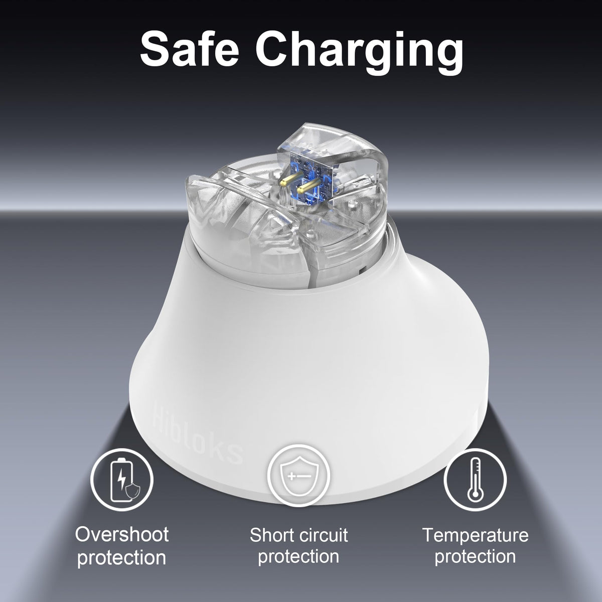 HIBLOKS closeup magnetic contacts aligning Ray-Ban Meta for fast reliable charging
